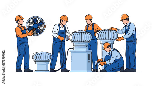 Workers Installing Ventilation Systems: A team of skilled technicians meticulously installs ventilation systems. The focus is on precision and efficiency.