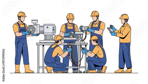 Precision & Collaboration: Engineers and technicians meticulously work together, a symphony of expertise assembling and maintaining complex machinery, symbolizing precision and cooperation.
