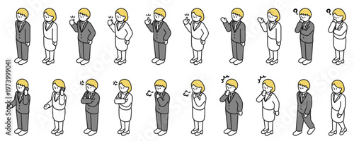 アイソメトリックイラスト：色々なポーズのスーツ男女