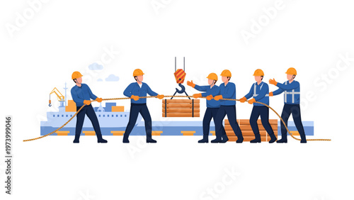 Collective Effort: A team of diligent workers collaborates in unison, utilizing ropes and heavy machinery to transport a large container. Depicting the dedication and efficiency within the industry.