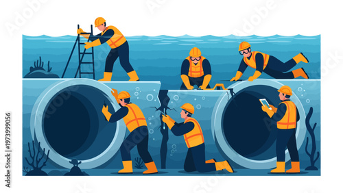 Beneath the Surface: A dedicated team of engineers and technicians meticulously inspect and repair critical underwater infrastructure, showcasing their unwavering commitment to maintenance and safety.