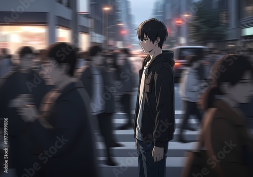 Anime boy standing alone in busy city street with motion blur crowd