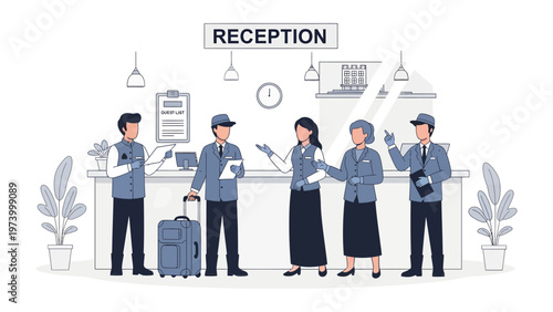 Service at Reception Desk: A modern illustration showing a team of receptionists providing a seamless service, ready to assist with a warm welcome and efficient management.