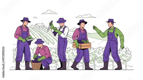 Cultivating the Harvest: A group of farmers diligently works in a vibrant field. Captured in a moment of agricultural life, a tableau of harvesting with each farmer working in harmony