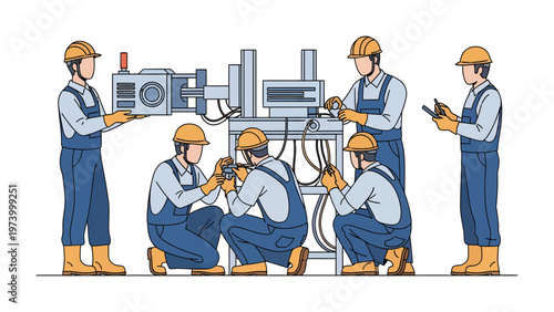 Manufacturing Maintenance: Dedicated technicians diligently work to maintain a complex machine, ensuring seamless operation and unwavering performance in the industrial workplace.