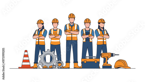 Building Brigade: A composed team of construction workers stands united, embodying skill and determination in a focused illustration.