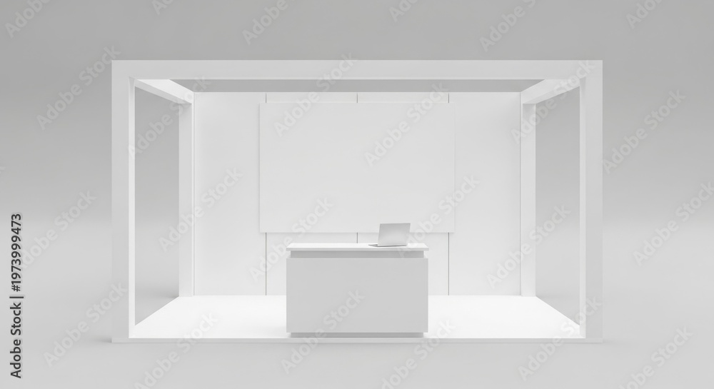 Fototapeta premium A clean, empty, and modern white exhibition booth ready for a trade show or product display.