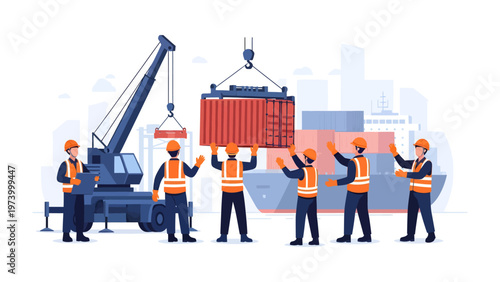 Port logistics illustration: A bustling port scene with construction workers and equipment coordinating the efficient movement of shipping containers, signifying global trade and industry.