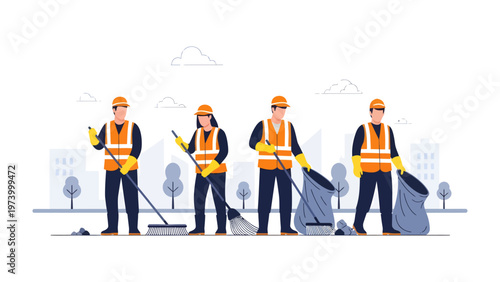 City Cleanup Crew in Action: A dedicated team of sanitation workers diligently performs their duties, keeping the cityscape tidy and pristine with sweeping and waste collection efforts.