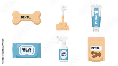 Pet Dental Care Products. Collection of oral hygiene supplies for animals: treats, toothbrush, toothpaste, wipes, spray.