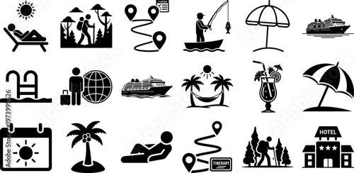 Black icons depicting various travel and tourism related concepts and activities
