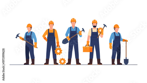 Construction Crew: A team of skilled construction workers, equipped with essential tools and wearing safety gear, ready to build and create, standing together with determination and expertise.