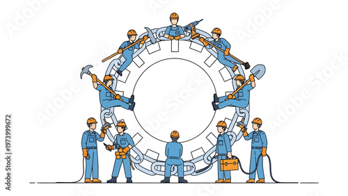 Teamwork Mechanism: A team of diligent workers collaborates around a central gear, symbolizing the power of unity and the efficiency of coordinated effort.