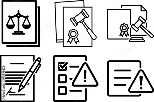 law and legal documents icons with scales gavel and warning signs