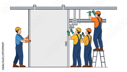 Construction crew installing sliding door: A focused construction crew meticulously installs a large sliding door, utilizing precision and expertise to ensure a smooth and functional fit.