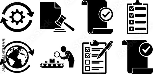 Black icons of business workflow and checklist concepts on white background