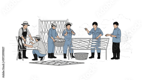 Fish drying process: A group of individuals is seen working together on fish drying and preserving. The image illustrates a collaborative effort in the food industry. 