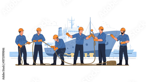 Teamwork in Maritime Transport: A skilled team of maritime workers engaged in the crucial process of mooring a ship, highlighting the coordination and expertise required for safe transport.