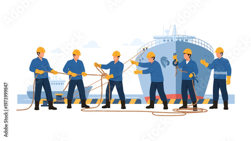 Teamwork and Marine Endeavor: A determined team of maritime workers, clad in safety attire, collaborate in a synchronized effort to moor a colossal vessel.