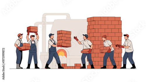 Building Harmony: Construction workers collaborating to build a brick structure, symbolizing teamwork and the creation of something new.