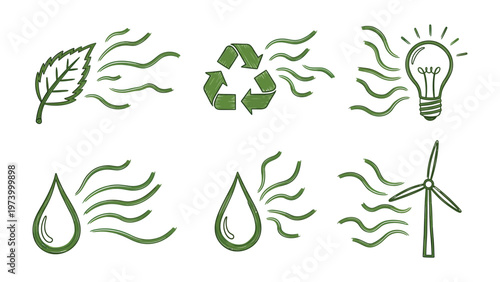 Eco-Friendly Concepts: A visually clean set of hand-drawn vector graphics, each representing a facet of environmental conservation and sustainable practices. Symbols of renewal and responsibility