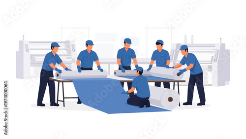 Textile Production Team: A skilled team meticulously inspects and prepares fabric rolls for the next stage in textile production.