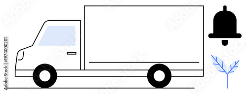 Transportation, logistics, eco-friendly, delivery services, environment, sustainability. A truck with a bell icon and a leaf symbol. Transportation and logistics with an eco-friendly focus