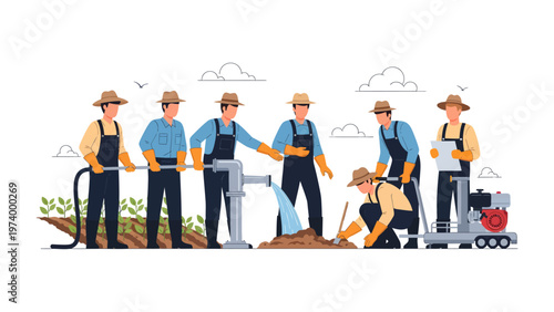 Agricultural Teamwork: A coordinated group of farm workers efficiently manages irrigation, ensuring the healthy growth of crops in an agricultural setting.