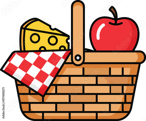Picnic Basket Filled With Delicious Food and Red Apple.