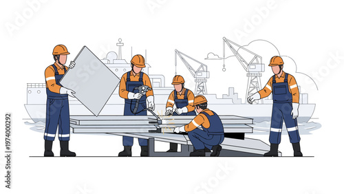 Construction Crew at Work: A team of skilled workers, clad in hard hats and safety gear, collaborating on a construction project, reflecting dedication and precision in their labor. 