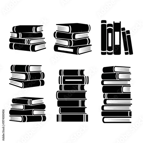 Set of Stacked Books Icons, Silhouette Library Collection