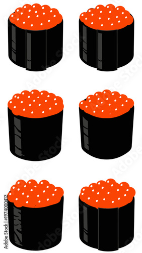 Six Ikura Sushi Rolls - Red Caviar on Black Seaweed and Rice