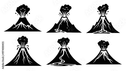 Volcano Eruption Icons Set: Lava Flow and Ash Cloud Silhouettes