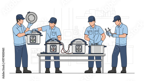 Pressure Cooker Assembly: A team of skilled workers meticulously assemble and inspect pressure cookers on an industrial line, showcasing precision and teamwork.