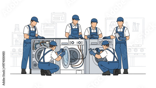 Team of Appliance Repair Technicians: A skilled team of technicians meticulously work on repairing household appliances, using their expertise to diagnose and fix malfunctions.