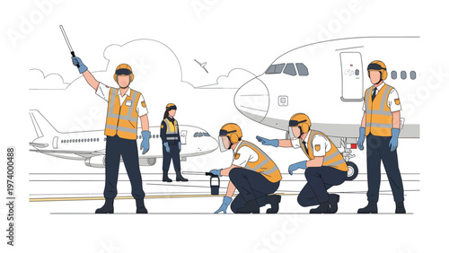 Airport Ground Crew at Work: Airport personnel guide a large aircraft on the runway, coordinating operations with precision and expertise, essential for safe and efficient air travel.