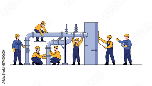 Construction Workers and Industrial Piping: A team of skilled workers collaborates on assembling an industrial piping system, meticulously connecting pipes and components with precision and expertise.