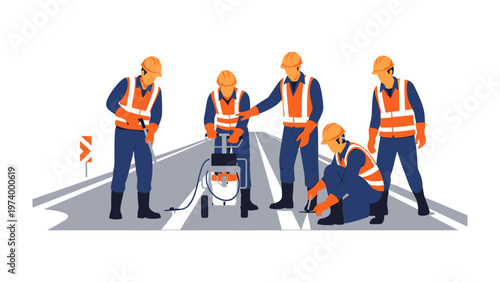 Road Marking in Progress: A team of construction workers diligently applies road markings to a freshly paved road, ensuring traffic safety and smooth navigation for all users. 