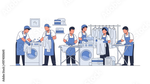 Laundry Day Symphony: A dynamic illustration depicts laundry workers engaged in a synchronized dance of garment care. A tableau of cleaning, ironing, and hanging creates a smooth workflow.