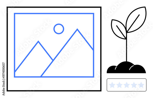 Creative design, artistic inspiration, environment, sustainability, growth, digital content . Minimalist mountain landscape frame and sprouting plant with rating stars. Creativity and environment