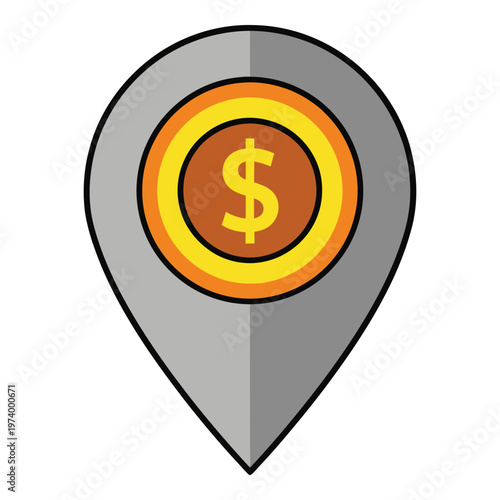 Business location pin with dollar sign icon on white background icon
