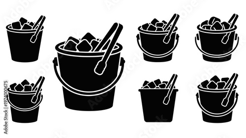 Ice Bucket Set Silhouette Icons, Tongs and Cubes, Isolated on White