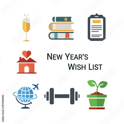 New Year's Wish List Icons: Goals for Health, Travel, Home, Books, and Celebration