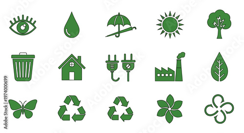 Green Ecology and Sustainability Icon Set - Environmentally Friendly Vector Symbols for Recycling, Energy, and Nature Conservation
