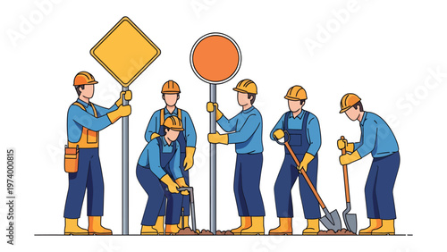 Road Construction Crew: A dedicated construction crew diligently works together, installing crucial road signs with precision and care, creating a safe passage for all. 