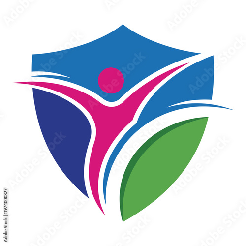 Colorful shield logo with human figure and leaf design elements icon