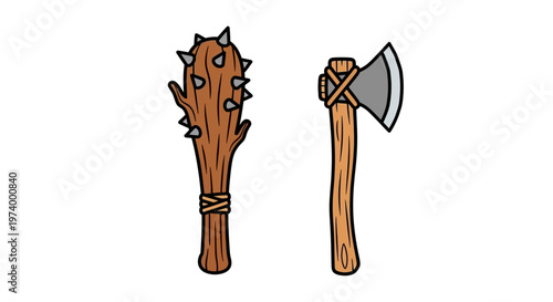 Wooden club and battle axe tools.