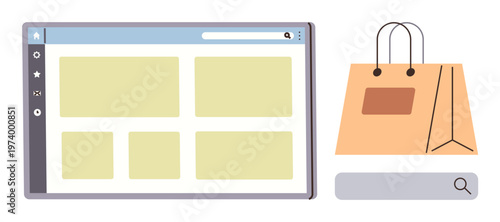 E-commerce, online shopping, digital marketing, retail website design, search optimization, consumer behavior. A webpage window, search bar and shopping bag. E-commerce and retail website design
