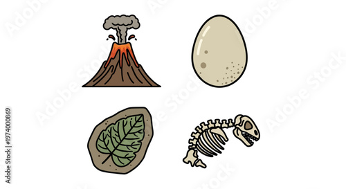 Fossil dinosaur bone and volcano eruption.