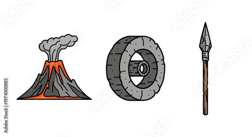 Volcano Eruption with Stone Wheel and Spear.